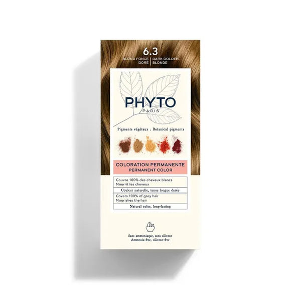 PhytoColor 6.3 Dark Golden Blonde - Complete set containing a 50ml revealing milk, coloring cream 50ml, Phytocolor Mask 12 ml, an information leaflet and a pair of gloves.