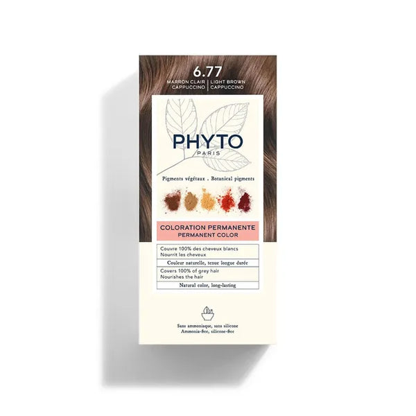 PhytoColor 6.77 Light Brown Capuccino- Complete set containing a 50ml revealing milk, coloring cream 50ml, Phytocolor Mask 12 ml, an information leaflet and a pair of gloves.