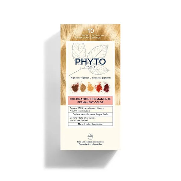 PhytoColor 10 Extra Light Blond - Complete set containing a 50ml revealing milk, coloring cream 50ml, Phytocolor Mask 12 ml, an information leaflet and a pair of gloves.