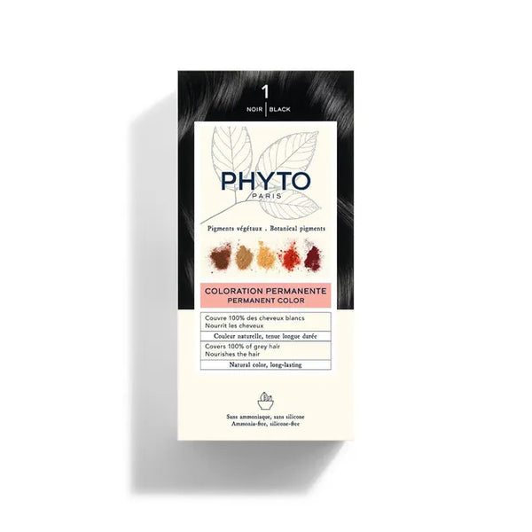 PhytoColor 1 Black - Complete set containing a 50ml revealing milk, coloring cream 50ml, Phytocolor Mask 12 ml, an information leaflet and a pair of gloves.