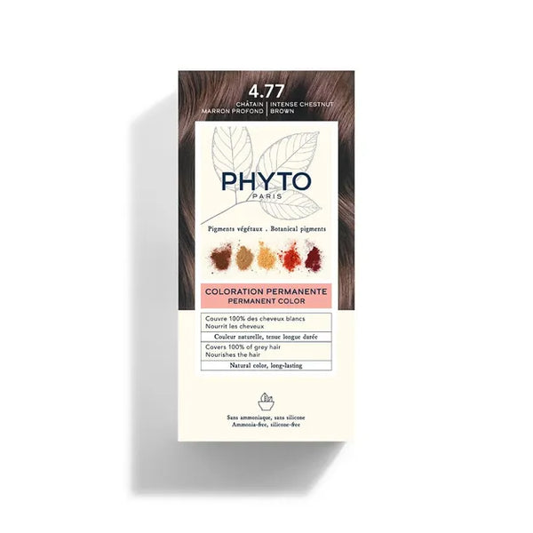 PhytoColor 4.77 Intense Chestnut Brown - Complete set containing a 50ml revealing milk, coloring cream 50ml, Phytocolor Mask 12 ml, an information leaflet and a pair of gloves.
