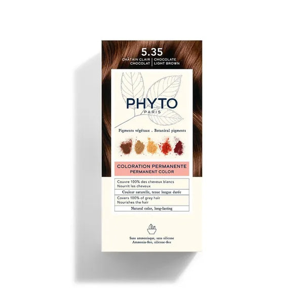 PhytoColor 5.35 Chocolate Light Brown - Complete set containing a 50ml revealing milk, coloring cream 50ml, Phytocolor Mask 12 ml, an information leaflet and a pair of gloves.