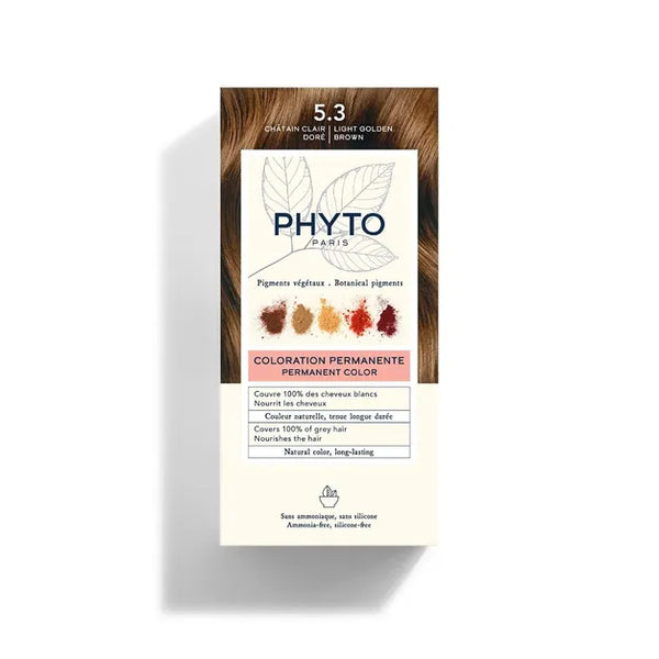 PhytoColor 5.3 Light Golden Brown - Complete set containing a 50ml revealing milk, coloring cream 50ml, Phytocolor Mask 12 ml, an information leaflet and a pair of gloves.