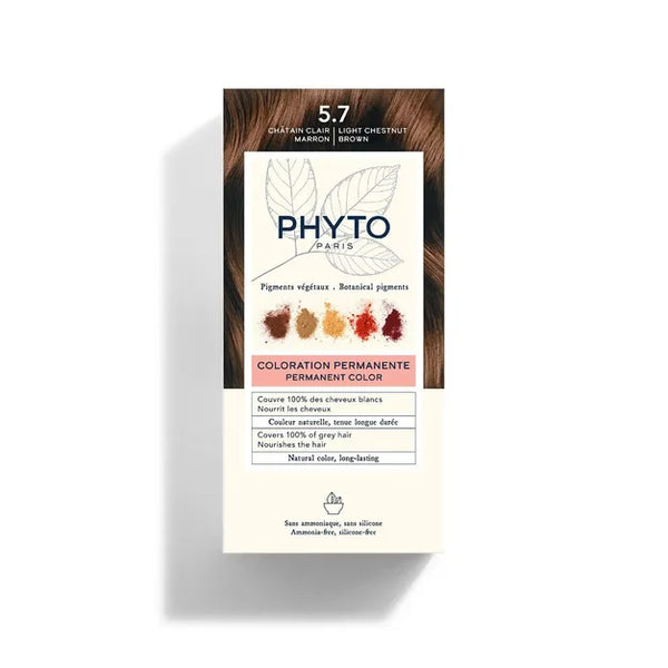 PhytoColor 5.7 Light Chestnut Brown - Complete set containing a 50ml revealing milk, coloring cream 50ml, Phytocolor Mask 12 ml, an information leaflet and a pair of gloves.
