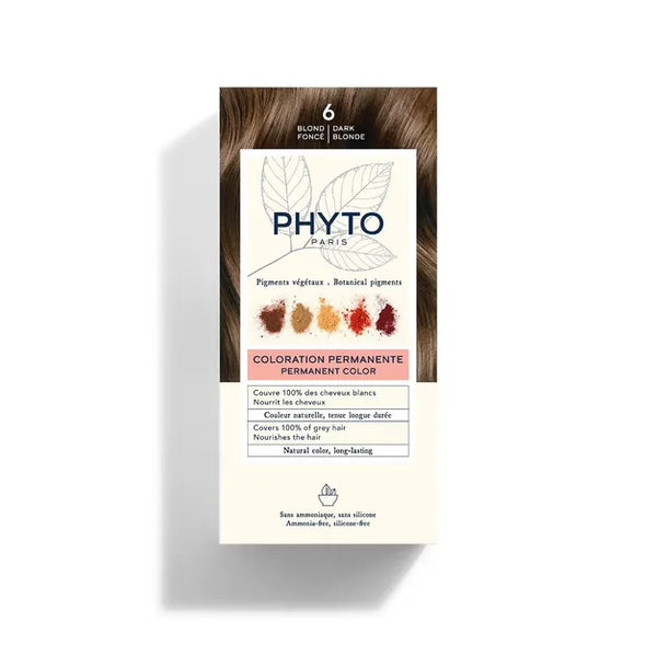 PhytoColor 6 Dark Blonde - Complete set containing a 50ml revealing milk, coloring cream 50ml, Phytocolor Mask 12 ml, an information leaflet and a pair of gloves.