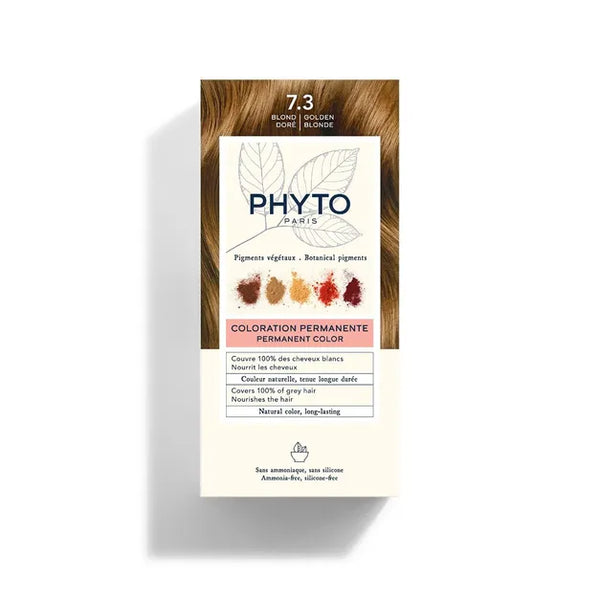 PhytoColor 7.3 Golden Blonde - Complete set containing a 50ml revealing milk, coloring cream 50ml, Phytocolor Mask 12 ml, an information leaflet and a pair of gloves.
