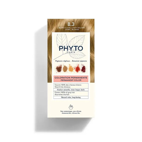 PhytoColor 8.3 Light Golden Blonde - Complete set containing a 50ml revealing milk, coloring cream 50ml, Phytocolor Mask 12 ml, an information leaflet and a pair of gloves.