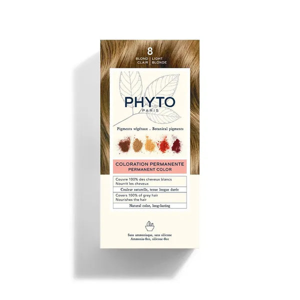 PhytoColor 8 Light Blond - Complete set containing a 50ml revealing milk, coloring cream 50ml, Phytocolor Mask 12 ml, an information leaflet and a pair of gloves.