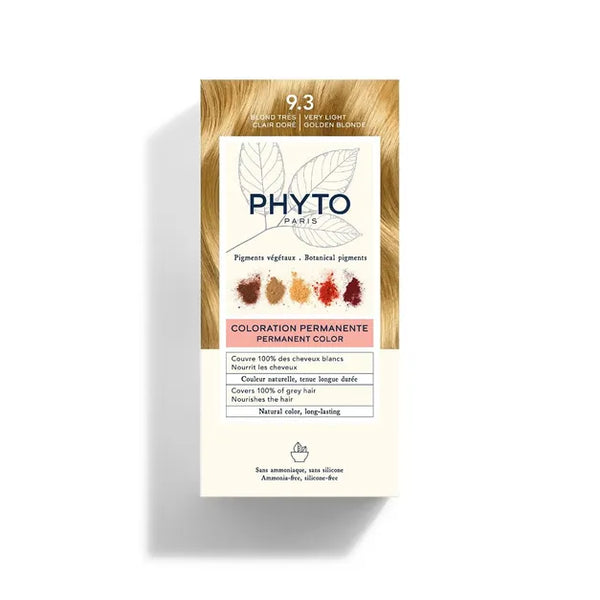 PhytoColor 9.3 Very Light Golden Blonde - Complete set containing a 50ml revealing milk, coloring cream 50ml, Phytocolor Mask 12 ml, an information leaflet and a pair of gloves.