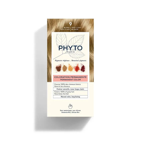 PhytoColor 9 Very Light Blond - Complete set containing a 50ml revealing milk, coloring cream 50ml, Phytocolor Mask 12 ml, an information leaflet and a pair of gloves.